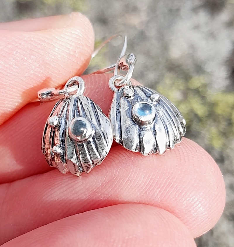 Mini Cockle Shell  Drop Earrings with Blue Topaz - Image 2