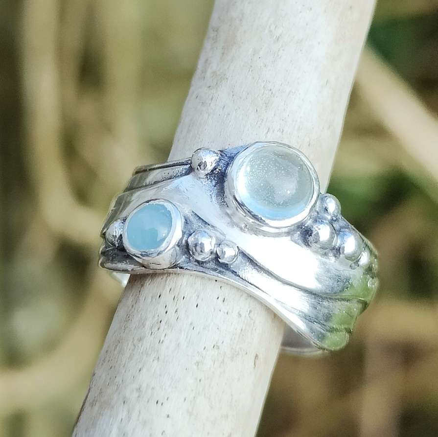 Broad Wave Ring with Pale Blue and blue-green Aquamarine - Image 3
