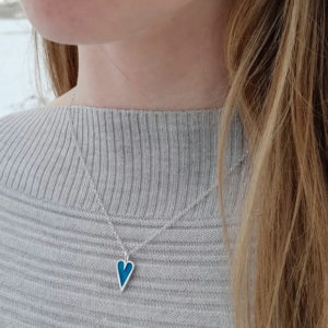 Mini Enamelled Heart in Sterling Silver - Aqua Blue (shown on model)