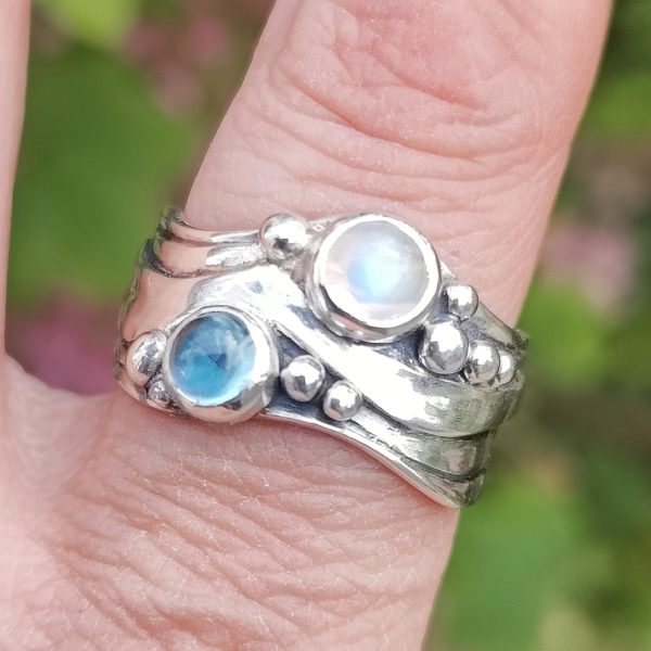 Broad Wave Ring with Rainbow Moonstone and Blue Topaz