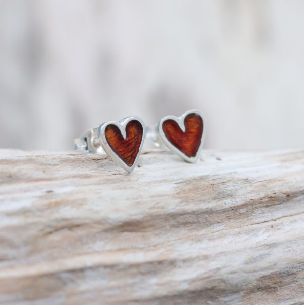 Tiny Enamel Heart Studs - Red