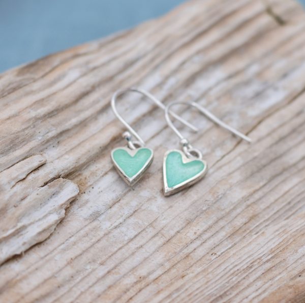 Enamelled Heart Drop Earrings-Pale Seafoam Green