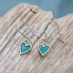 Enamelled Heart Drop Earrings-Teal
