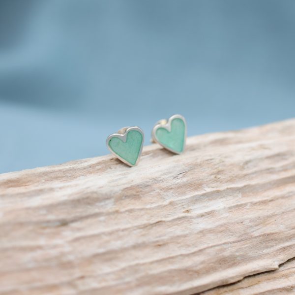 Tiny Enamel Heart Studs - Pale Sea Foam Green