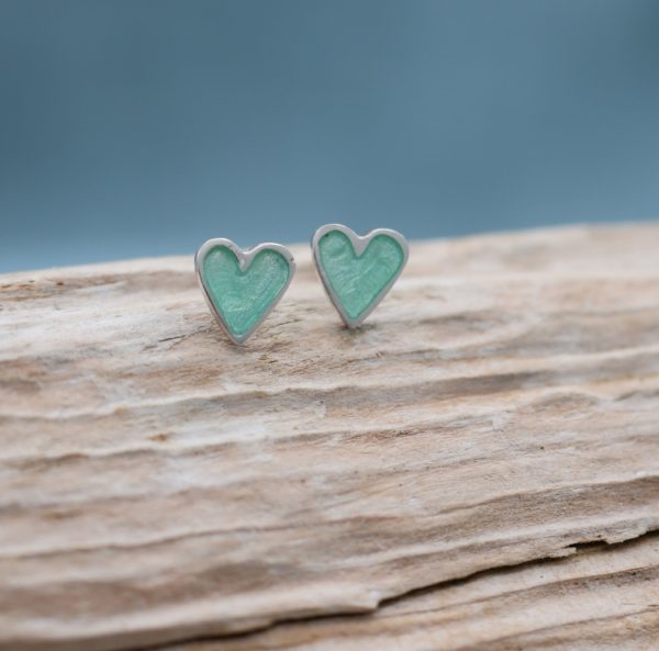 Enamel Heart Studs - Pale Turquoise Blue